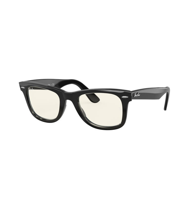 Ray-Ban Original Wayfarer Change RB2140 occhiali da sole squadrati nero lucido con lenti verde chiaro fotocromatiche - vista 3/4