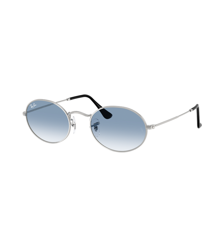 Ray-Ban Oval Metal RB3547 occhiali da sole ovali argento con lenti azzurro sfumato - vista 3/4