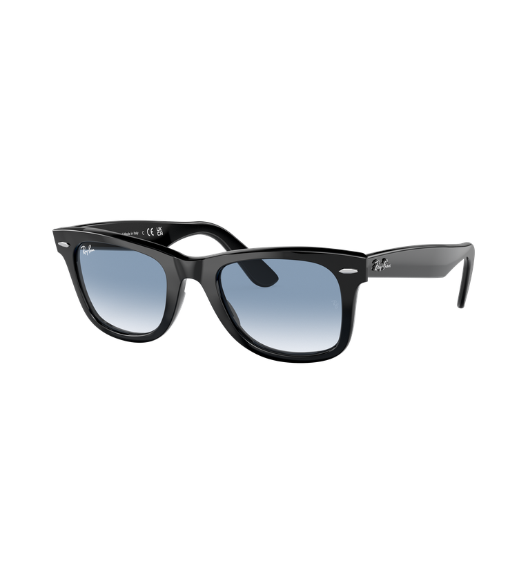 Ray-Ban Original Wayfarer RB2140F occhiali da sole squadrati nero lucido con lenti azzurro sfumato - vista 3/4