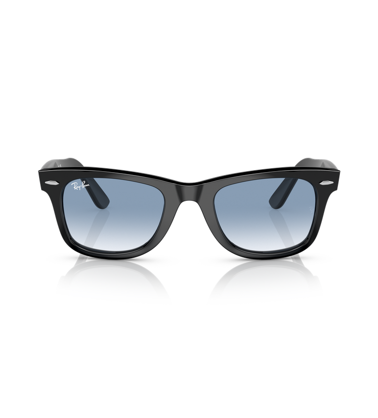 Ray-Ban Original Wayfarer RB2140F occhiali da sole squadrati nero lucido con lenti azzurro sfumato - vista frontale