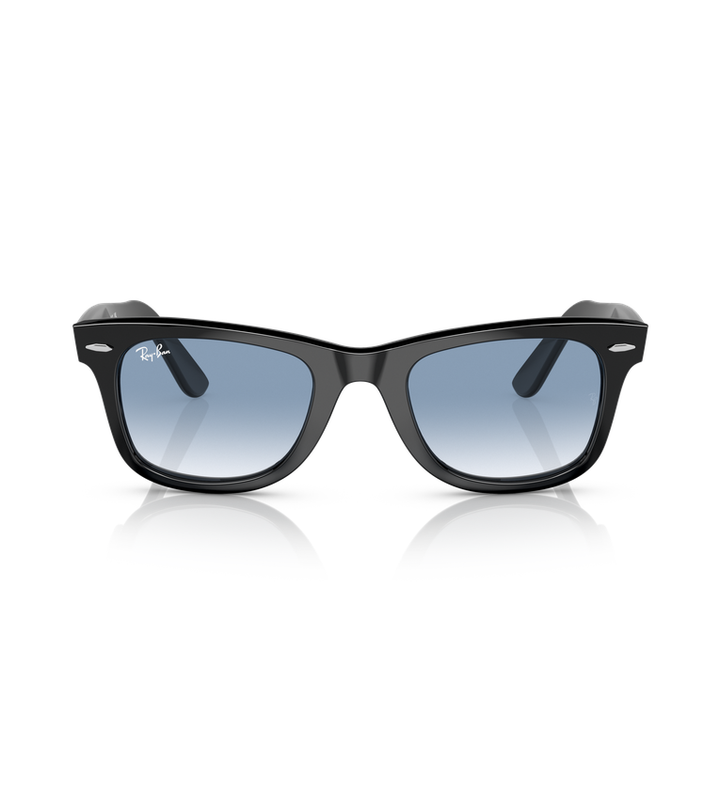 Ray-Ban Original Wayfarer RB2140F occhiali da sole squadrati nero lucido con lenti azzurro sfumato - vista frontale