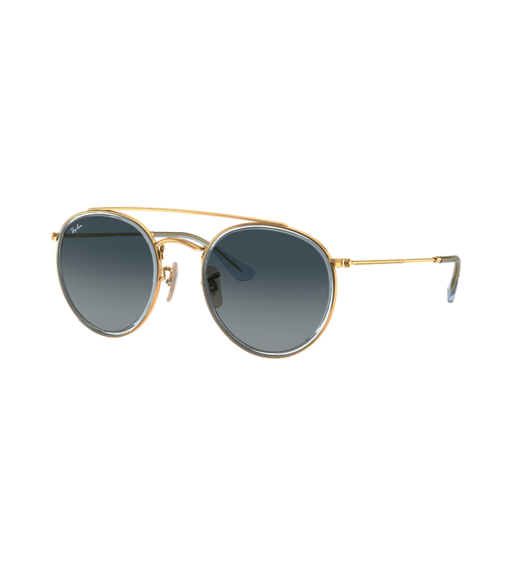 Ray-Ban Round Double Bridge RB3647N occhiali da sole rotondi oro e argento con lenti blu sfumato - vista 3/4