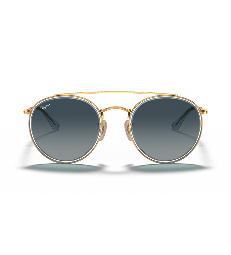 Ray-Ban Round Double Bridge RB3647N occhiali da sole rotondi oro e argento con lenti blu sfumato - vista frontale