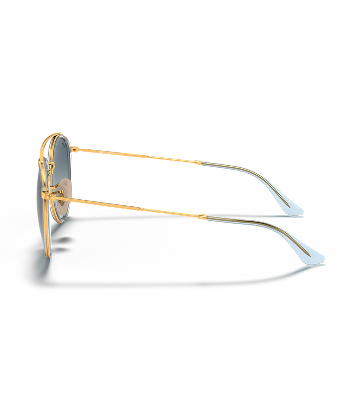 Ray-Ban Round Double Bridge RB3647N occhiali da sole rotondi oro e argento con lenti blu sfumato - vista laterale