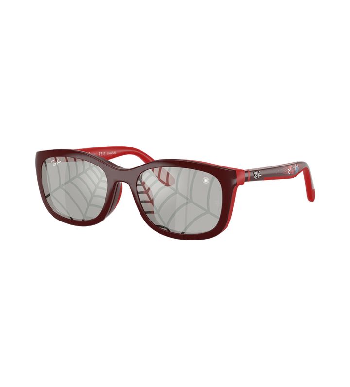 Ray-Ban RJ9644S occhiali da sole rettangolari bordeaux e rosso con lenti argento specchiato - vista 3/4