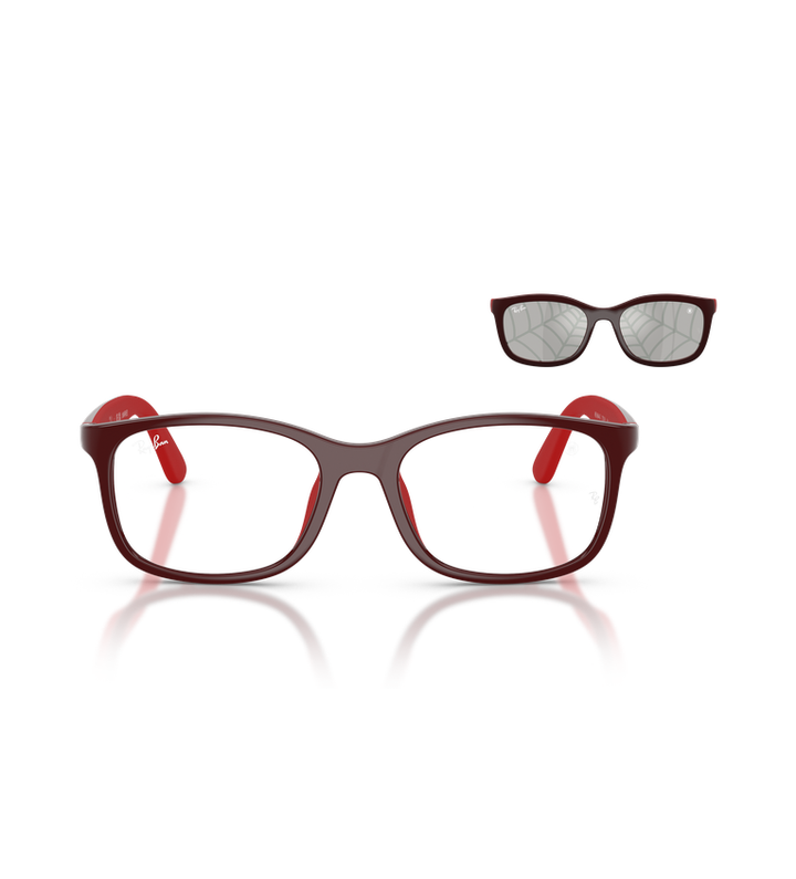 Ray-Ban RJ9644S occhiali da sole rettangolari bordeaux e rosso con lenti argento specchiato - vista frontale